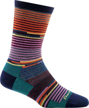 A sock with horizontal stripes in purple, orange, yellow, and red on the leg, and teal at the heel and toe.