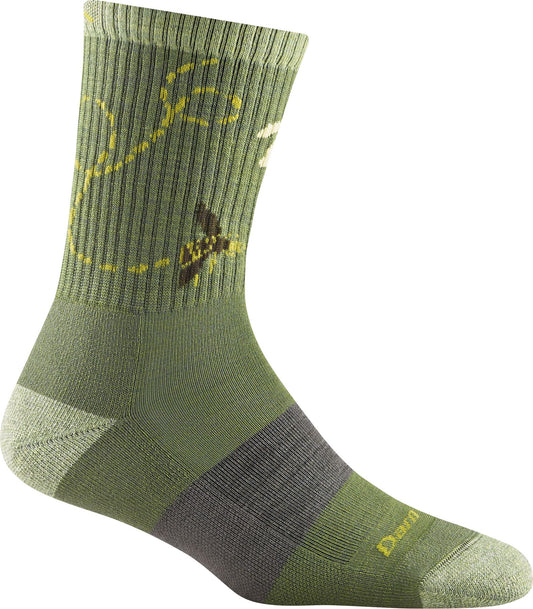 An olive green sock has a dark green heel, with a gray sole, and a fly embroidery near the cuff.