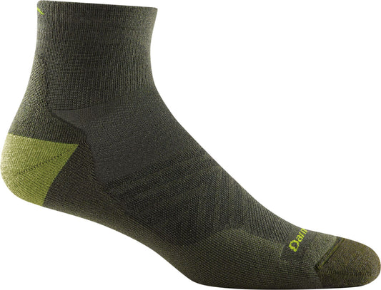 Ankle-high green sock with yellow accent on the heel and brand name on the top of the foot.