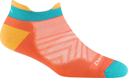 Ankle-high sock featuring orange base, a yellow heel and turquoise toe and top.