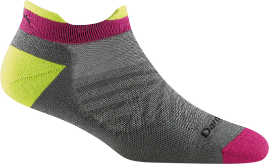 Low gray sock with magenta toe and top with chartreuse heel.