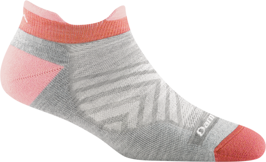 Low gray sock with pink toe and top with a brand label saying Darn Tough.