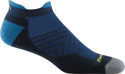 Close-up of a blue athletic sock with patterned fabric and a grey toe.