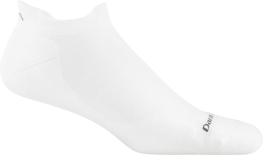 White, low-cut sock with logo on toe.