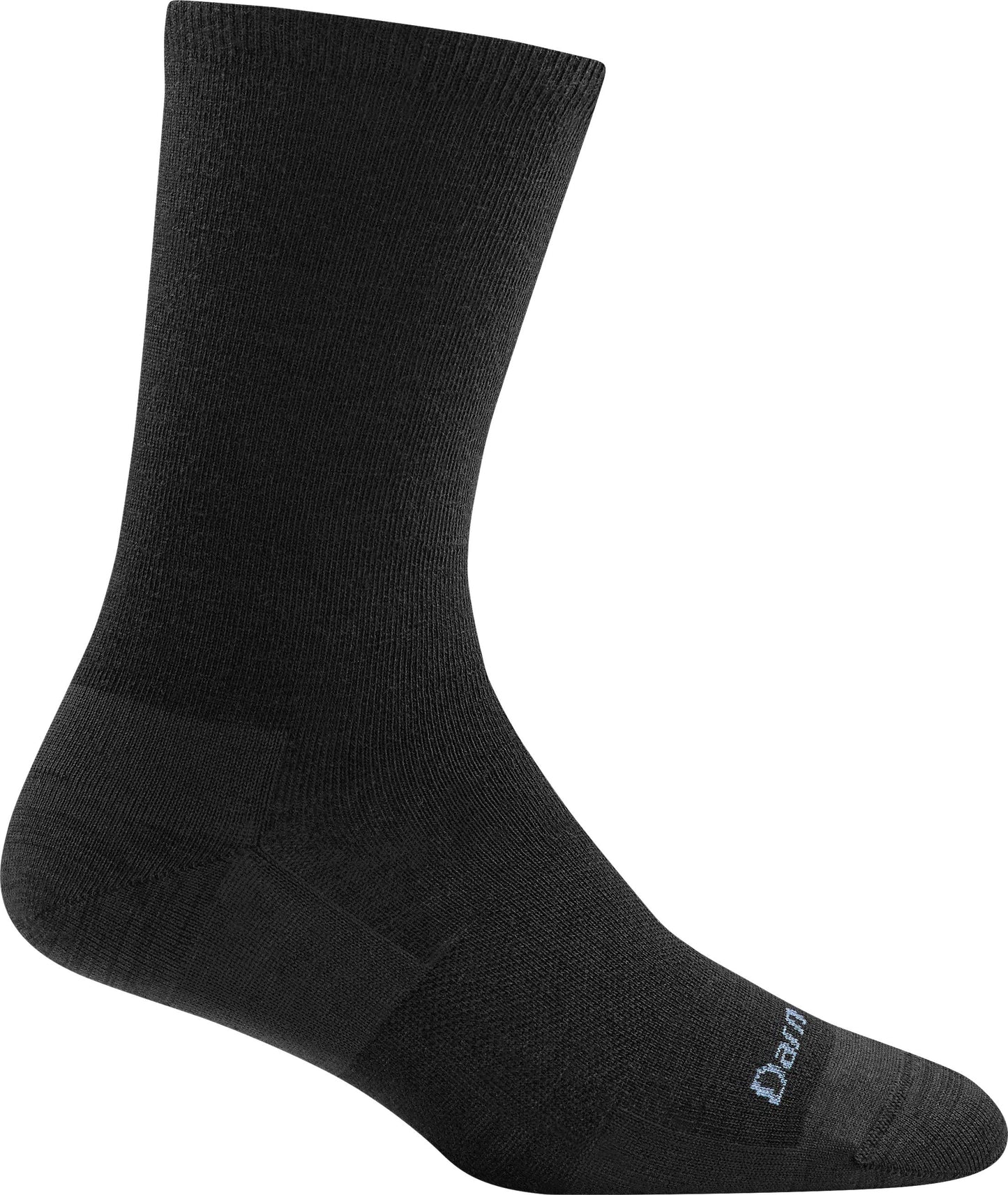 Black crew sock, showing reinforced heel and toe. "Darn Tough" logo on toe area.