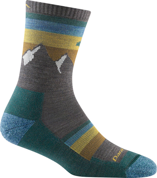 Crew sock with mountain peaks and striped design in gray, green, blue, and gold.