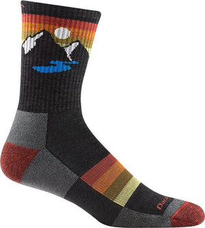 One crew sock with a mountain scene and colorful stripes.