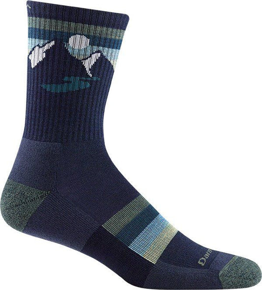 Dark blue crew sock with a mountain, moon, and lake graphic and stripes around the top and bottom.