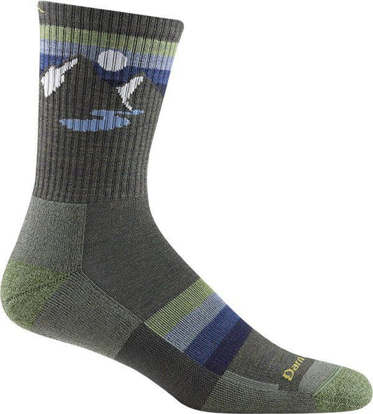 Gray crew sock with a mountain, moon and lake pattern.