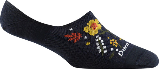 Black sock with yellow and white flower pattern.