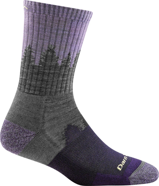 A crew sock in shades of grey and purple, with a silhouette of trees.