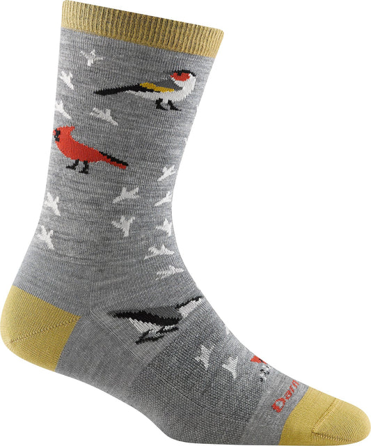 Gray sock with birds and white stars.