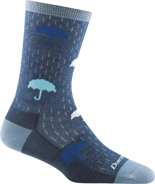 Crew sock with umbrellas and vertical rain lines in various shades of blue.