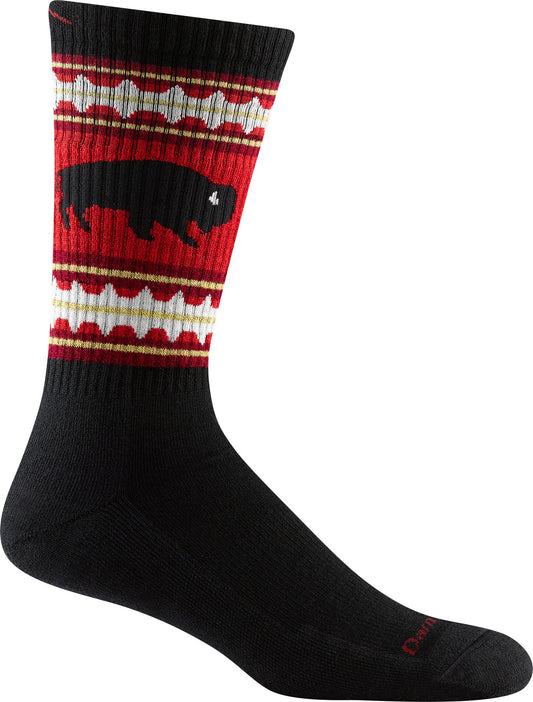 Black sock with a red band around the top that features a buffalo silhouette and white and gold stripes.