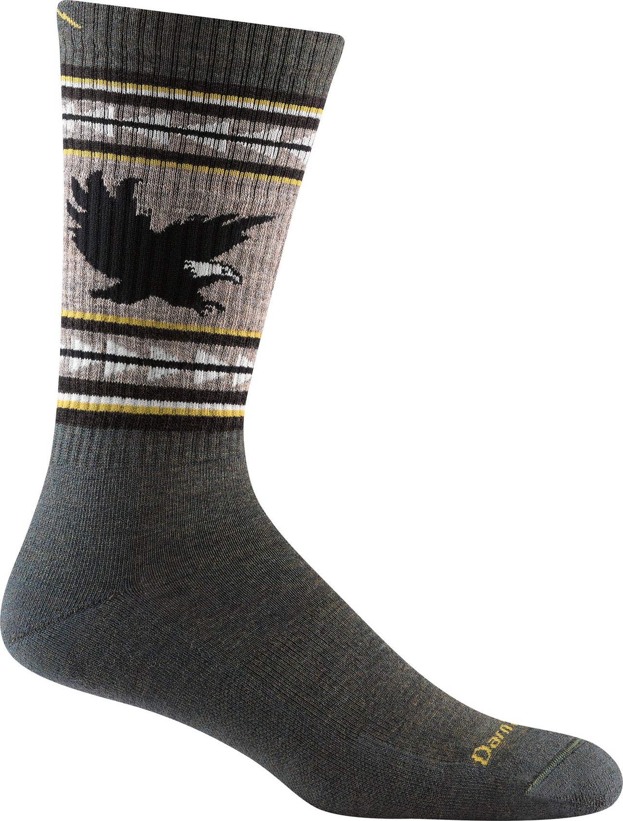 Gray sock with black eagle and striped pattern.