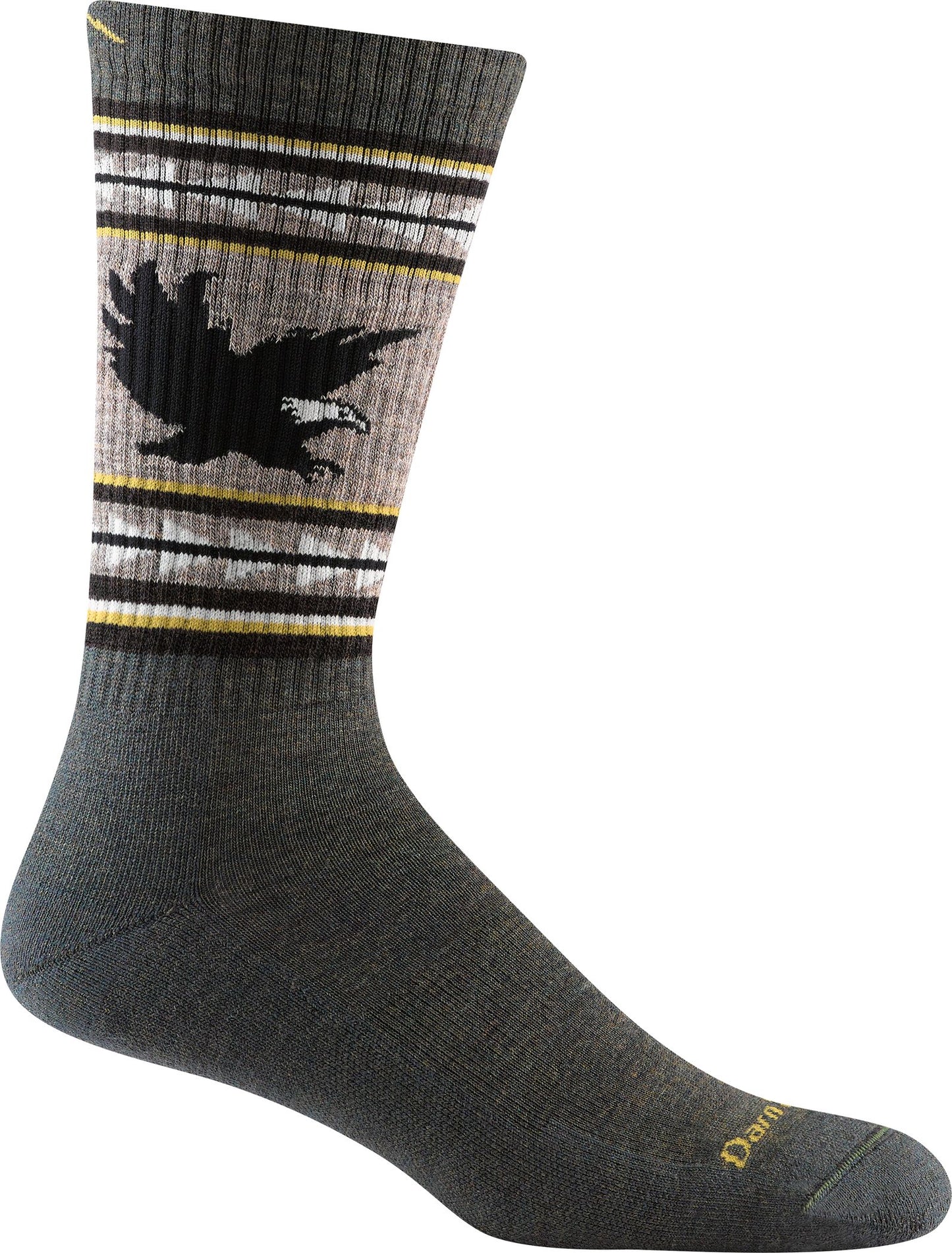 Gray sock with black eagle and striped pattern.