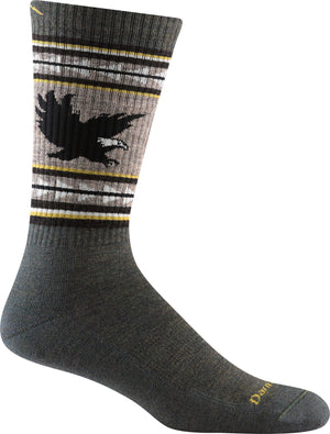 Gray sock with black eagle and striped pattern.