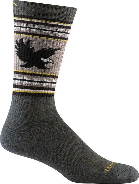 Gray sock with black eagle and striped pattern.