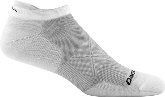 White athletic sock with logo on foot arch.