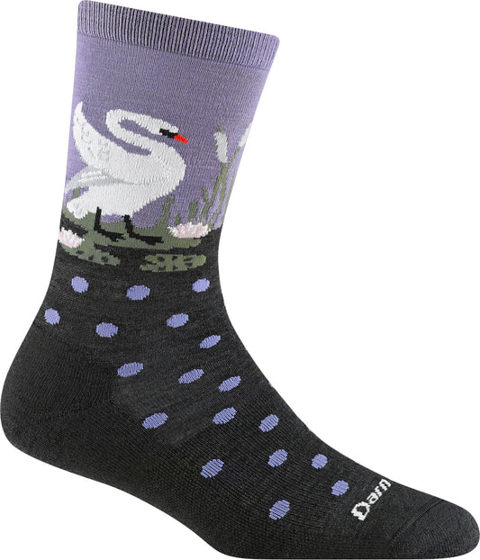 Sock with white swan graphic on top; sock is gray with lilac dots.