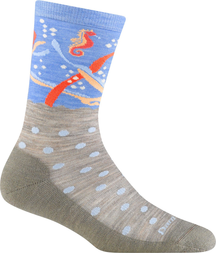 Crew sock with a seahorse and wavy design above, and dot pattern below.
