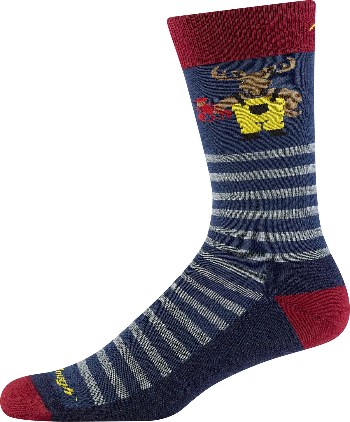 Crew sock featuring moose in overalls holding a wrench, gray stripes, and a red toe, heel, and band.