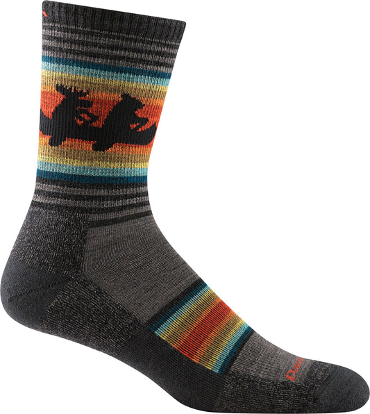 Gray sock with stripes and moose silhouettes.