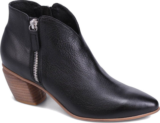 Black leather ankle boot with a stacked wood heel and zipper.