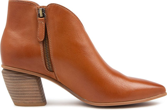 Tan leather ankle boot with block heel and side zipper.
