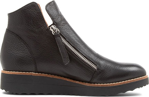 Black leather ankle boot with side zipper and platform sole.