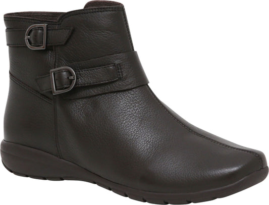 Dark brown, ankle boot with straps and buckles.