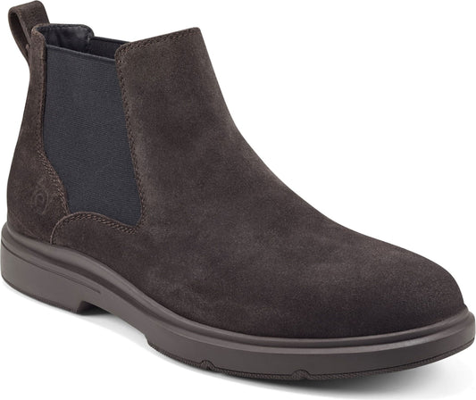 Dark brown suede Chelsea boot with a pull tab.