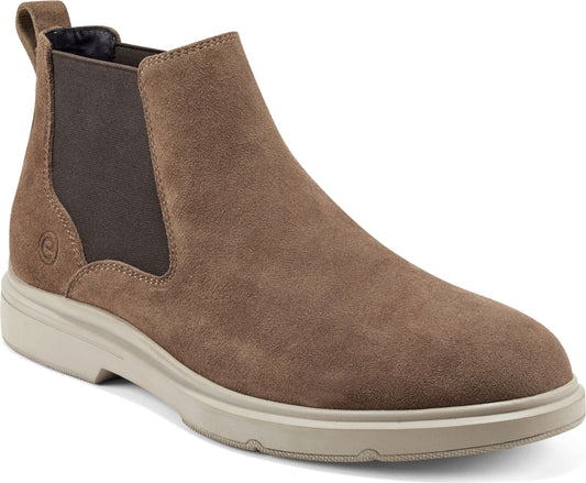 Ankle-high brown suede boot with elastic side panels and a tan sole.
