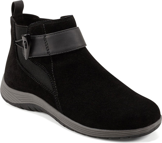 Black suede ankle boot with buckle detail.