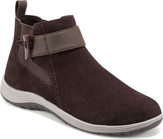 Dark brown suede ankle boot with side elastic and a decorative strap.
