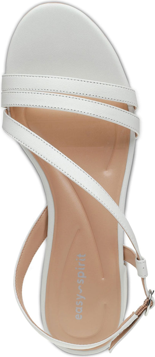 A white sandal with a thin heel and multiple straps.
