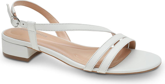 White sandal with block heel and buckled ankle strap.