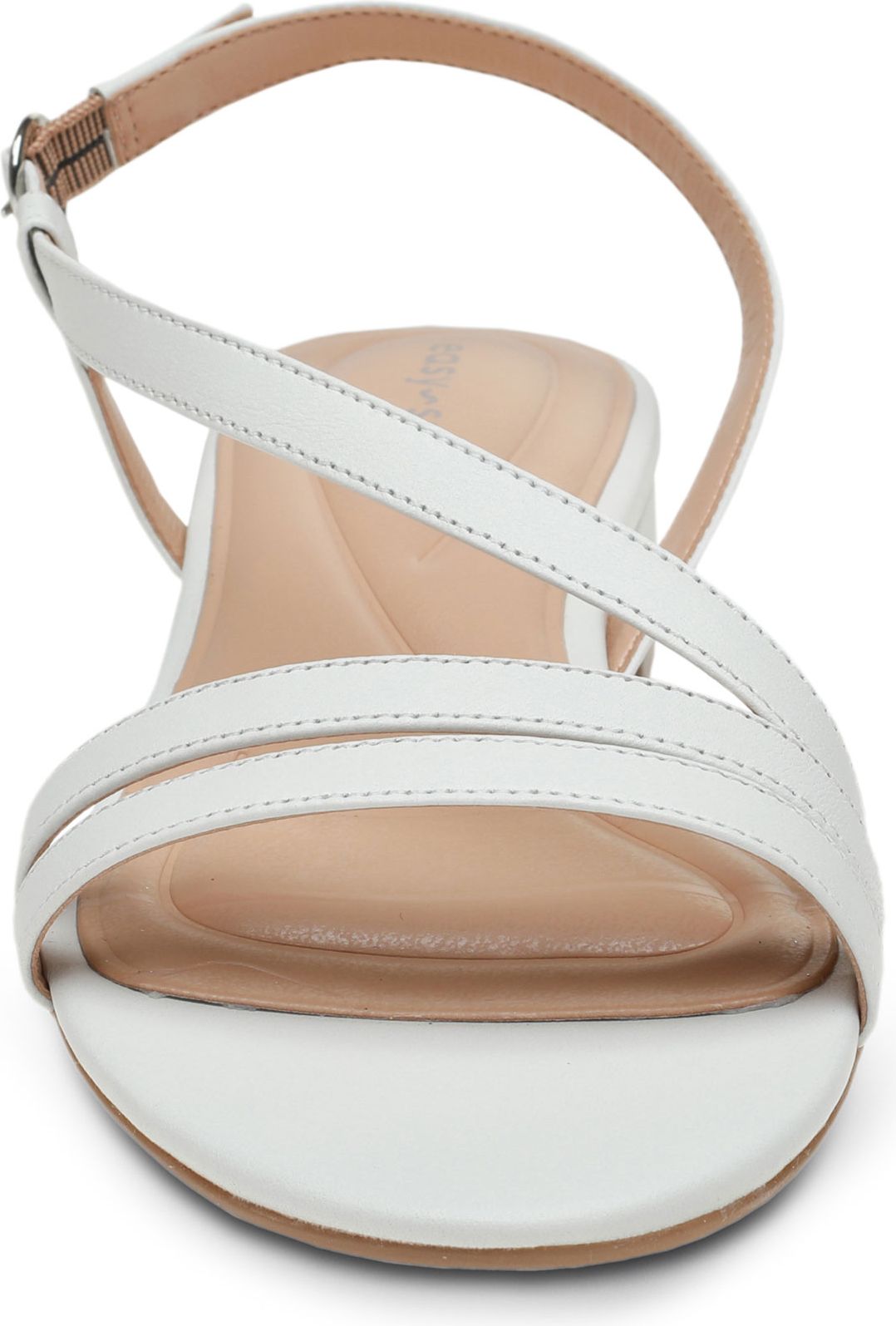 White sandal with thin straps and a block heel.