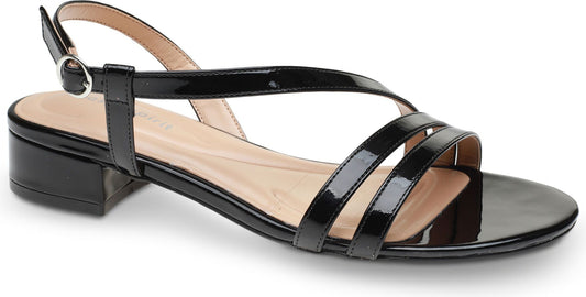 Black patent leather sandal with two straps across the toes, a single strap across the foot, and ankle strap with buckle.