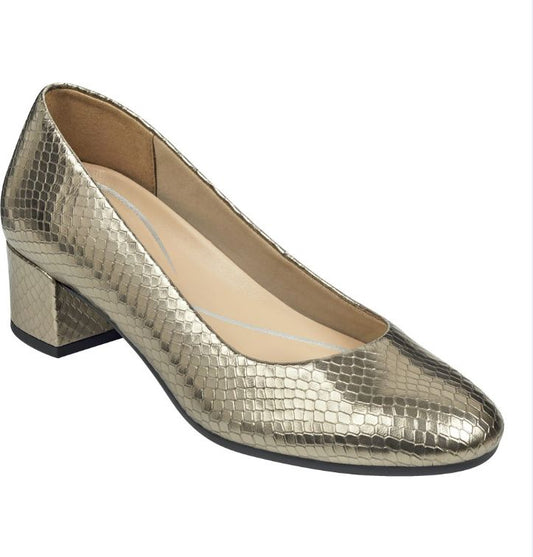 metallic gold pump with a short block heel and snakeskin texture