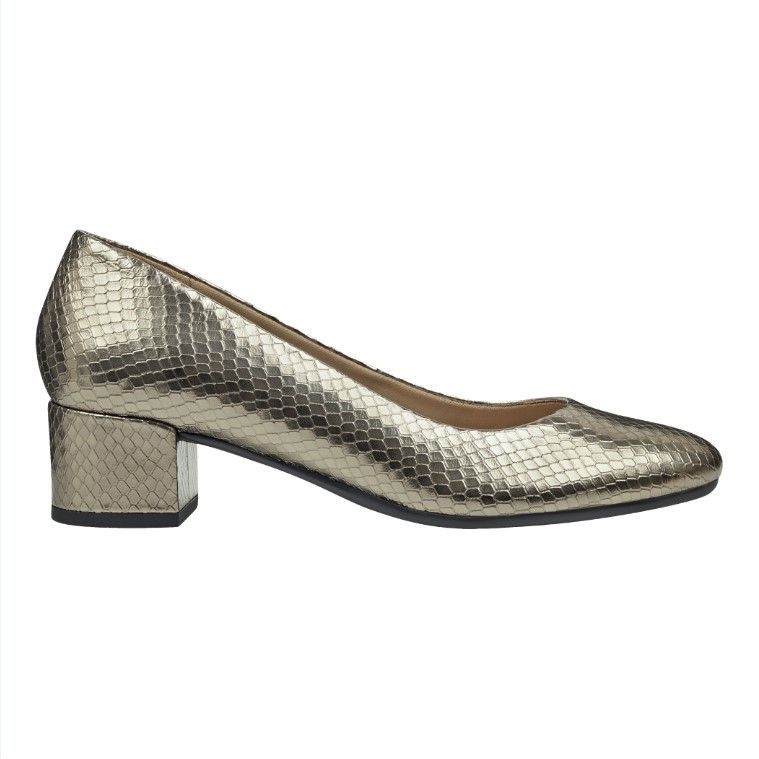 Gold snake skin pump with a block heel.