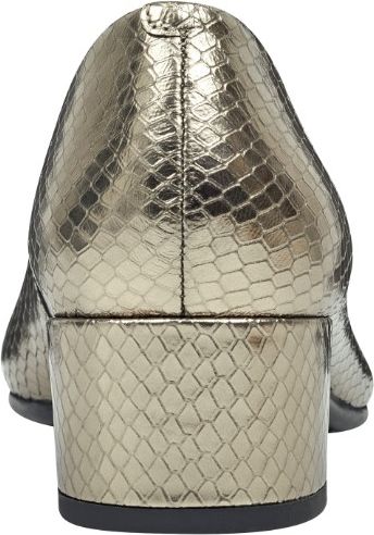 Gold snakeskin textured heeled dress shoe.