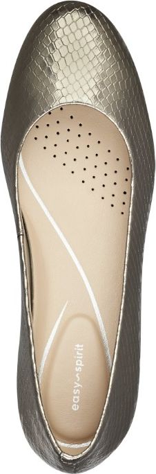 A silver snakeskin-patterned women's flat with a rubber sole.