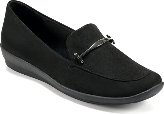 Black slip-on loafer with a silver-toned bar detail.