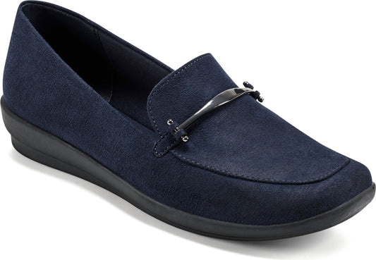 Navy, low-heel, moccasin-style loafer with silver buckle.