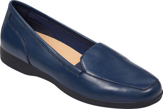 Navy leather loafer with low, black sole.