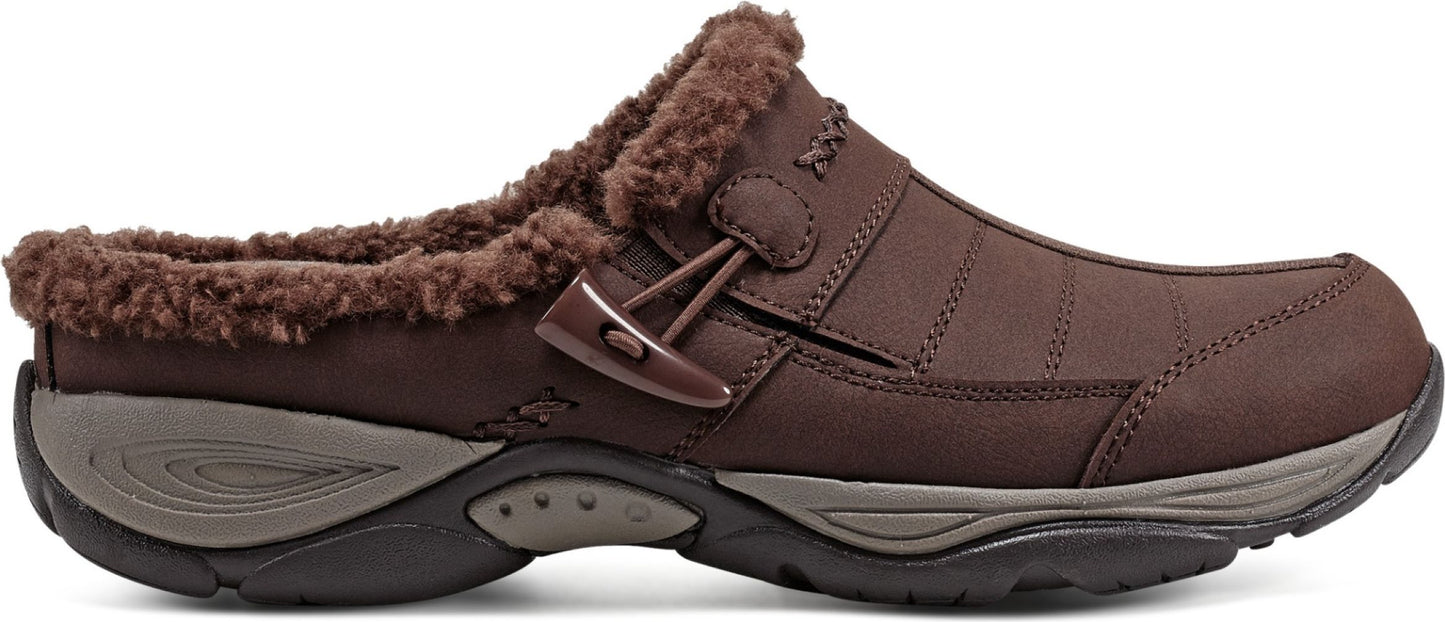 A brown slip-on shoe with faux fur trim and a toggle closure.