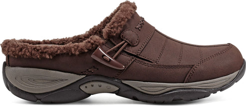 A brown slip-on shoe with faux fur trim and a toggle closure.