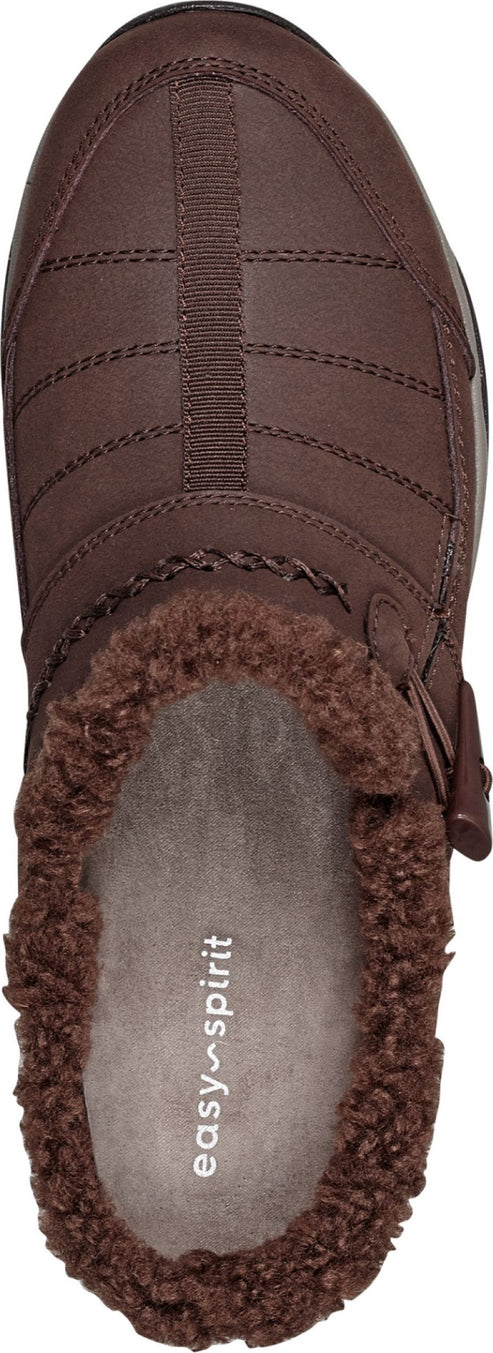 A brown clog-style shoe with fur lining and a buckle.