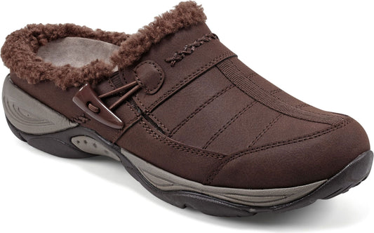 Brown slipper mule with faux fur trim and decorative side buckle.